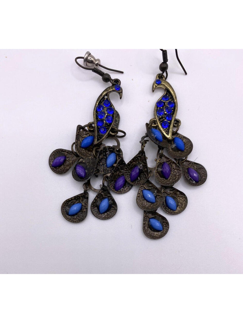 Vintage Peacock Blue Purple Stone Dazzle Dangle Earrings Statement Bird 2.5"